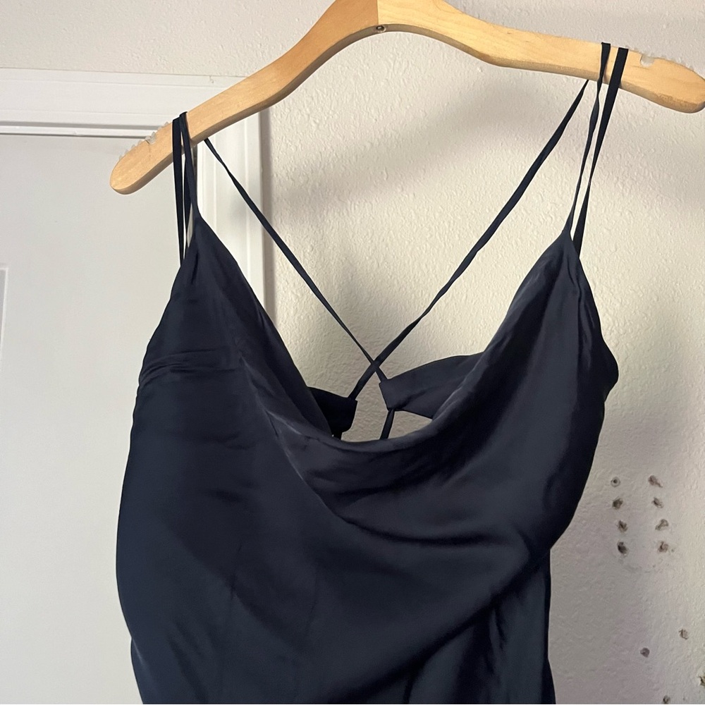 NWT ANDJELA Kate navy blue satin draped cowl sleeveless slip midi dress - Picture 2 of 7